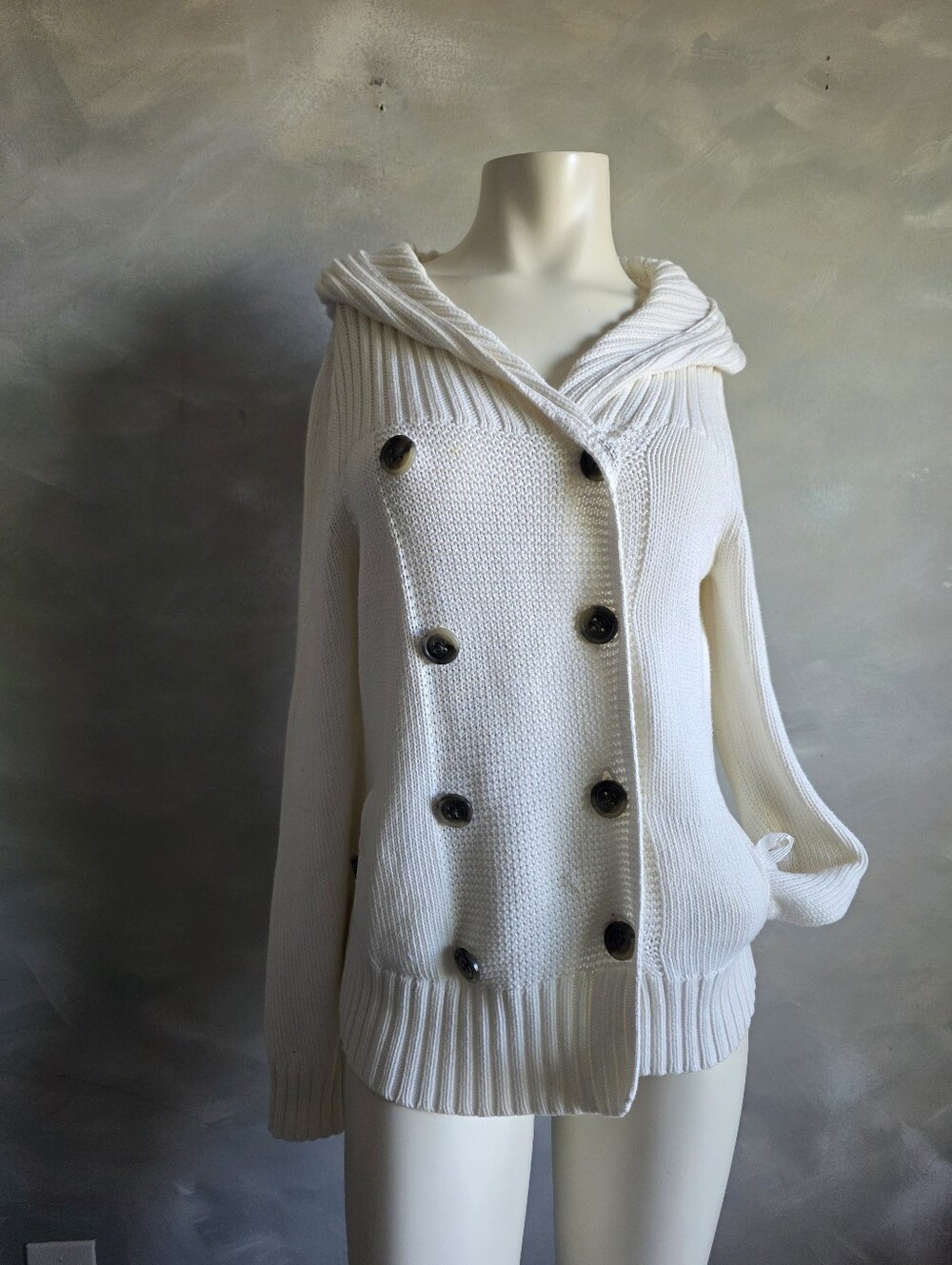Gap Ivory White Cotton Double Breasted Knit Hooded Cardigan Womens Sz M